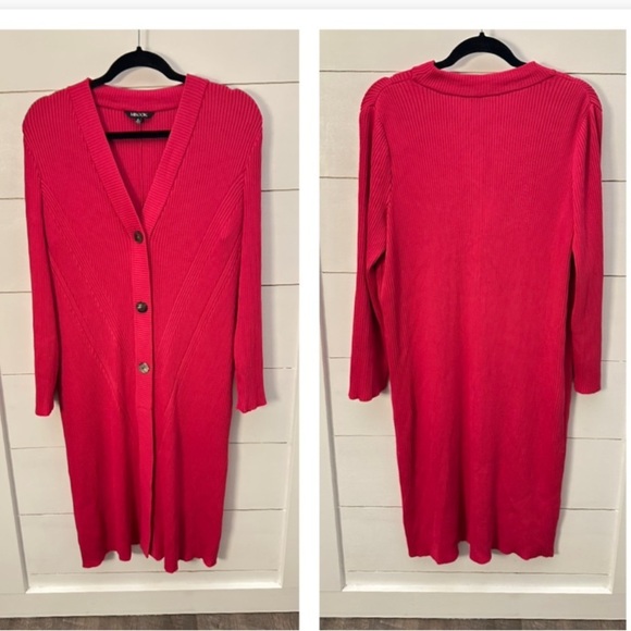 MISOOK Pink ribbed button stretch woman maxi length coastal grandma cardigan M - Picture 1 of 13